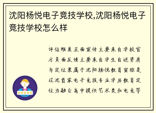沈阳杨悦电子竞技学校,沈阳杨悦电子竞技学校怎么样