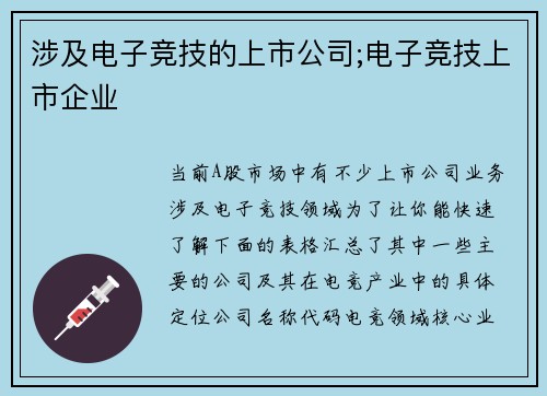 涉及电子竞技的上市公司;电子竞技上市企业